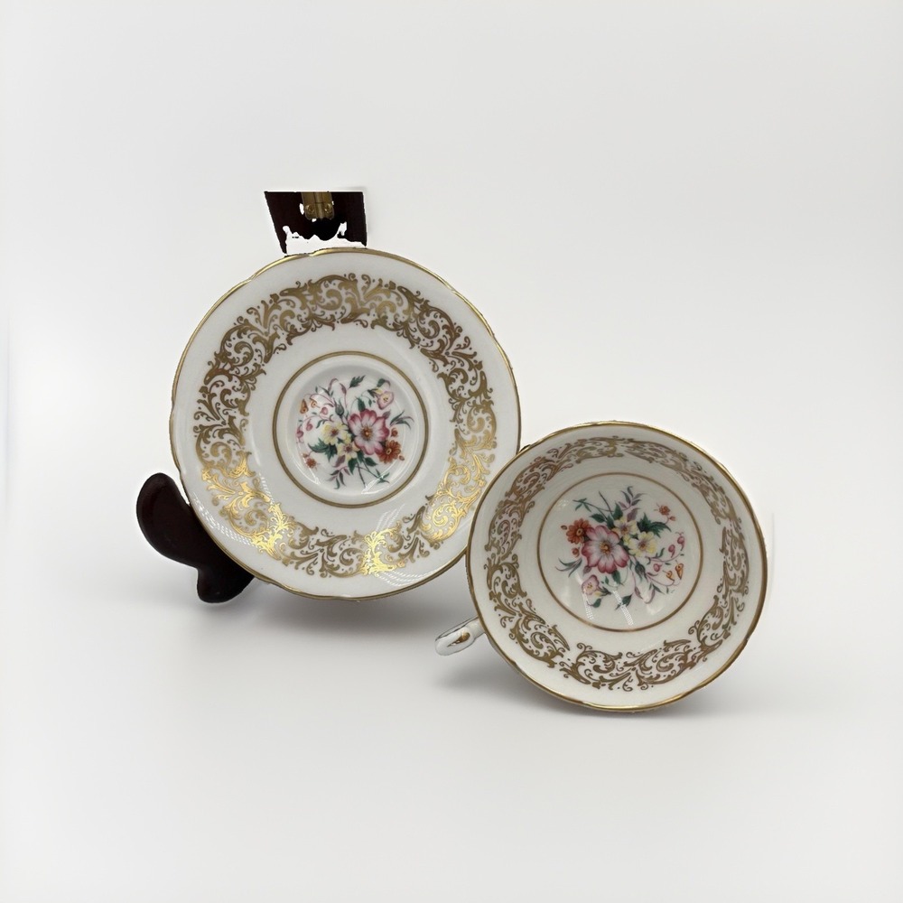 Paragon Vintage Fine Bone China Teacup and Saucer Set Gold Scroll Floral